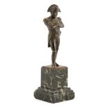 A 19TH CENTURY FRENCH BRONZE STATUETTE OF NAPOLEON mounted on a square stepped green marble base