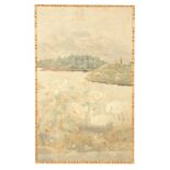 A LARGE MEIJI PERIOD JAPANESE EMBROIDERED PANEL depicting a mountainous lake view with two white