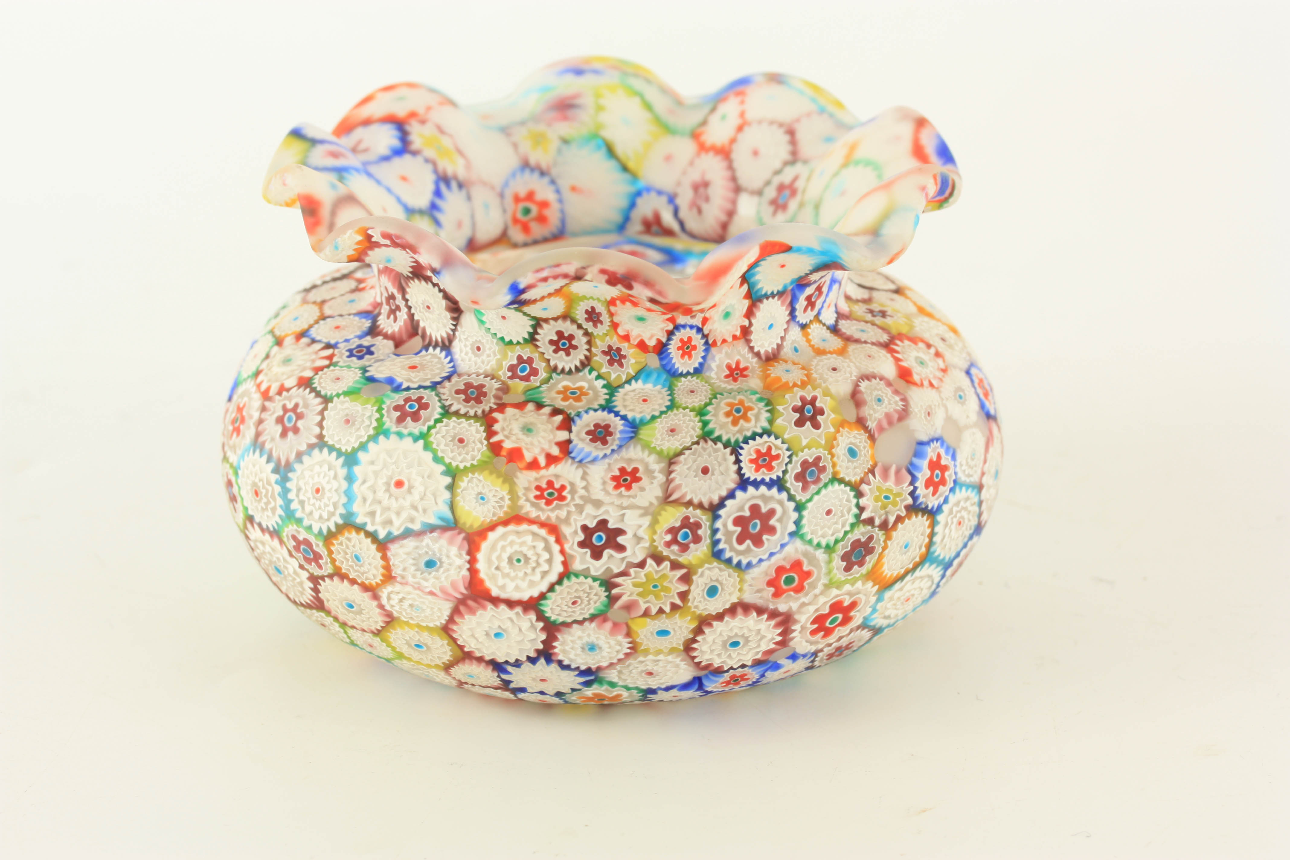 AN ITALIAN MILLEFIORI GLASS VASE of squat bulbous form with crimped rim 9cm high, 15cm diameter - Image 4 of 6