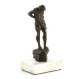 A LATE 19TH CENTURY FRENCH BRONZE STATUE OF A CLASSICAL MALE FIGURE mounted on a white marble base