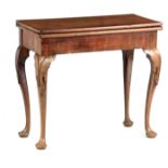 A GEORGE III CONCERTINA ACTION MAHOGANY CARD TABLE with fold-over hinged top above a short-grain