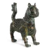 AN 18TH/19TH CENTURY PERSIAN FELINE ANIMAL'S HEAD CENSER with profusely pierced scrollwork body