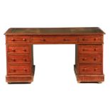 A 19TH CENTURY MAHOGANY PEDESTAL DESK with tooled leather top above three frieze drawers and a