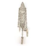 A VICTORIAN SILVER CHATELAINE with embossed decoration depicting bids and figures under palm