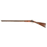 A 19TH CENTURY PERCUSSION FOWLING GUN with 36” long barrel, engraved steelwork and walnut stock