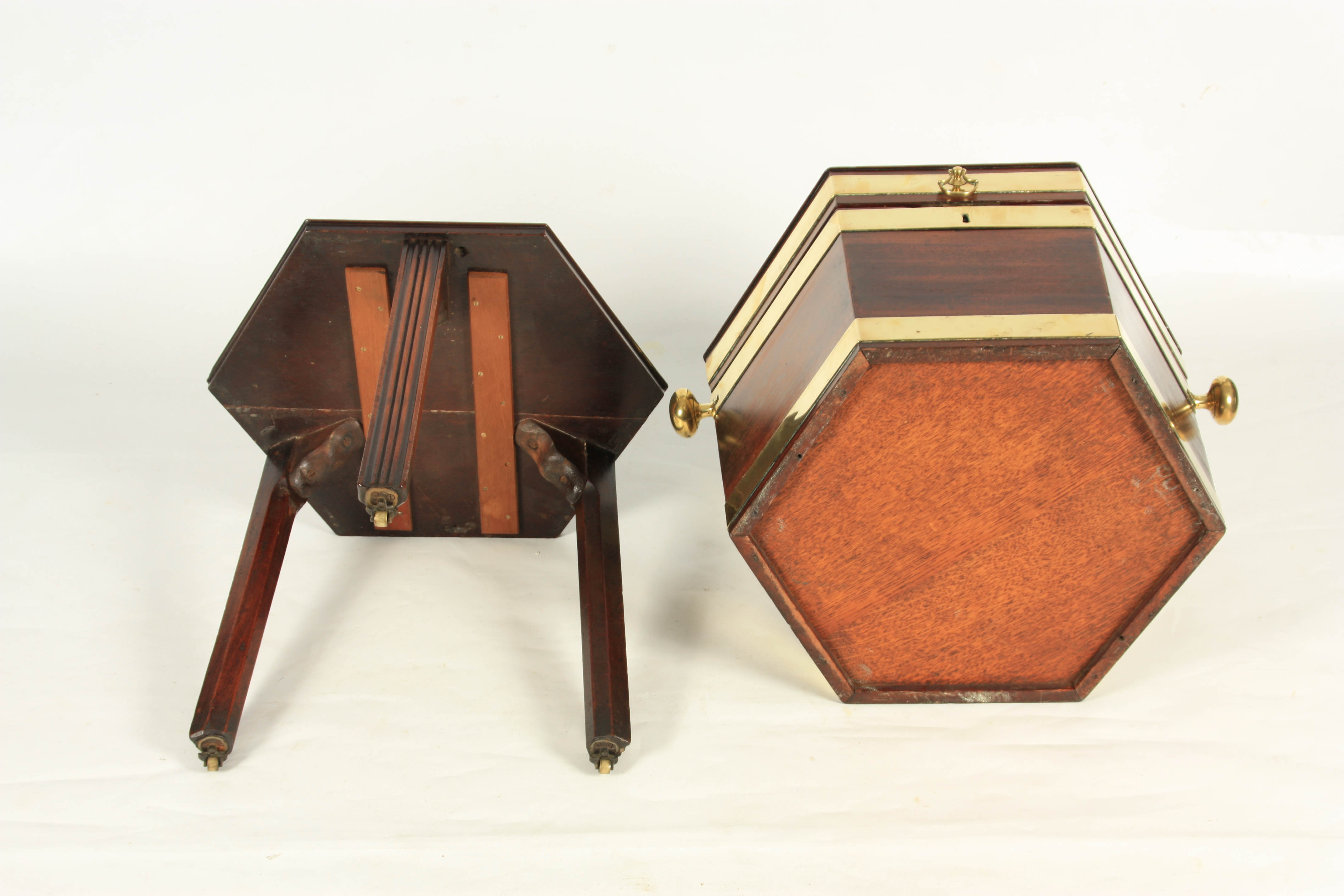 A GEORGE III MAHOGANY BRASS BOUND HEXAGONAL SHAPED CELLARETTE ON STAND with hinged top revealing a - Image 6 of 6