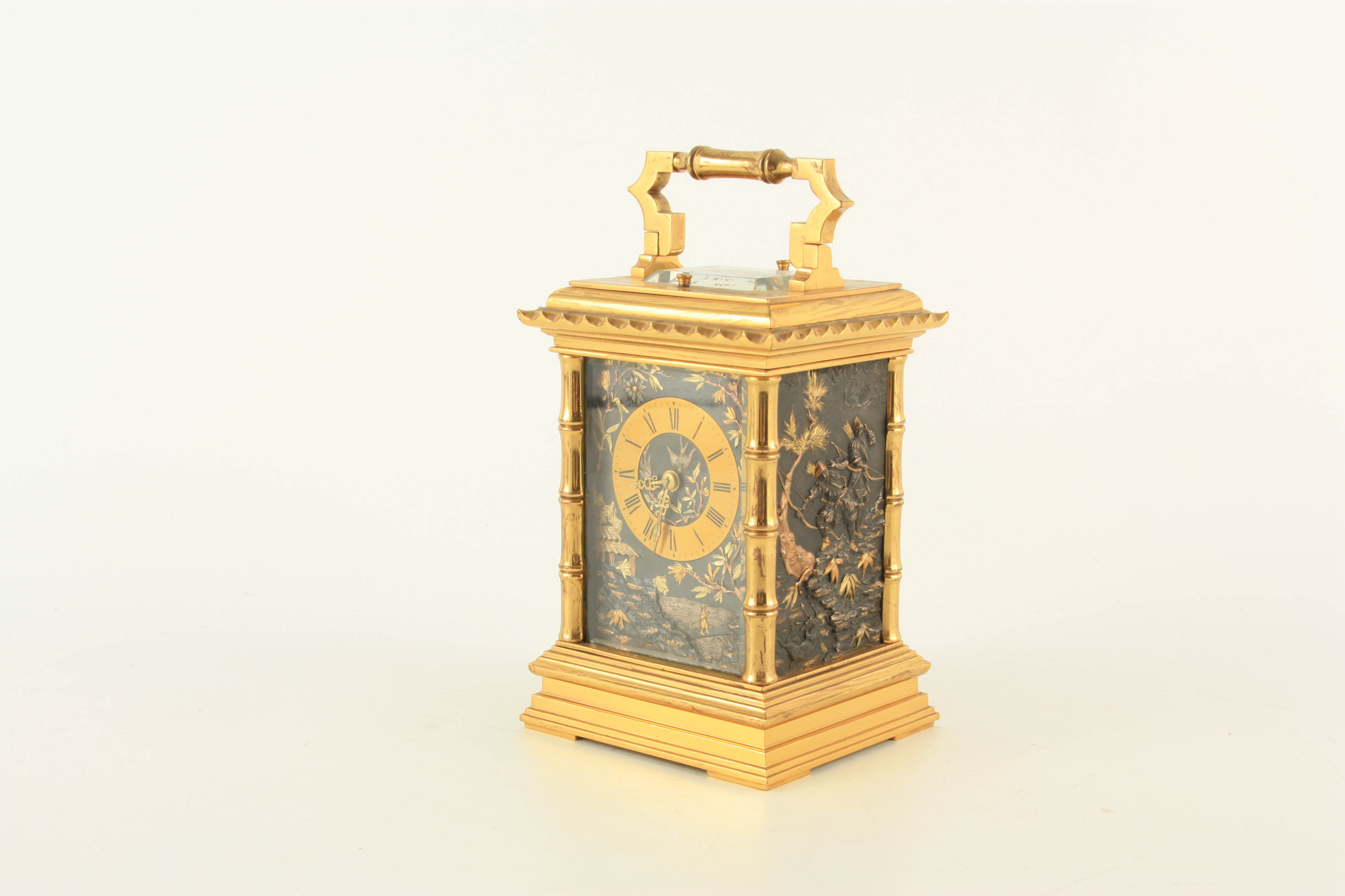 A RARE LATE 19TH CENTURY FRENCH 5 MINUTE REPEATING JAPANESE STYLE CARRIAGE CLOCK the brass case with - Image 2 of 10