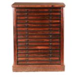 A 19TH CENTURY ROSEWOOD COLLECTOR'S CABINET with a bank of 15 shallow drawers with moulded edges and