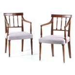 A PAIR OF 18TH CENTURY HEPPLEWHITE OPEN ARMCHAIRS with bar back top rails supported by reeded