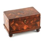 A GEORGIAN EXOTIC WOOD RANDOM PARQUETRY INLAID BOX on turned feet 24.5cm wide 14.5cm deep 15cm high