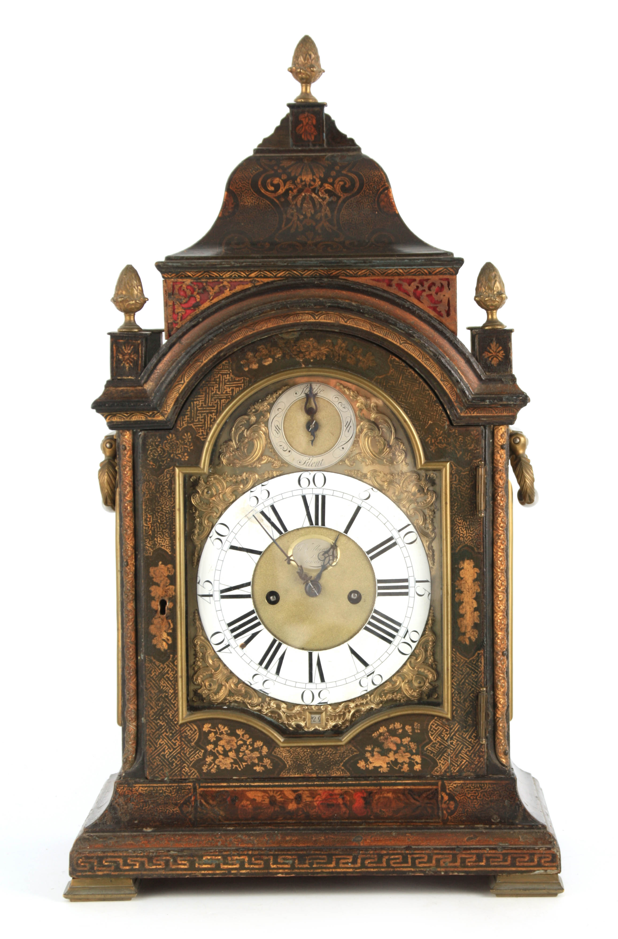 JOHN ELLICOTT, LONDON. A FINE GEORGE II GREEN LACQUER CHINOISERIE BRACKET CLOCK the bell top case
