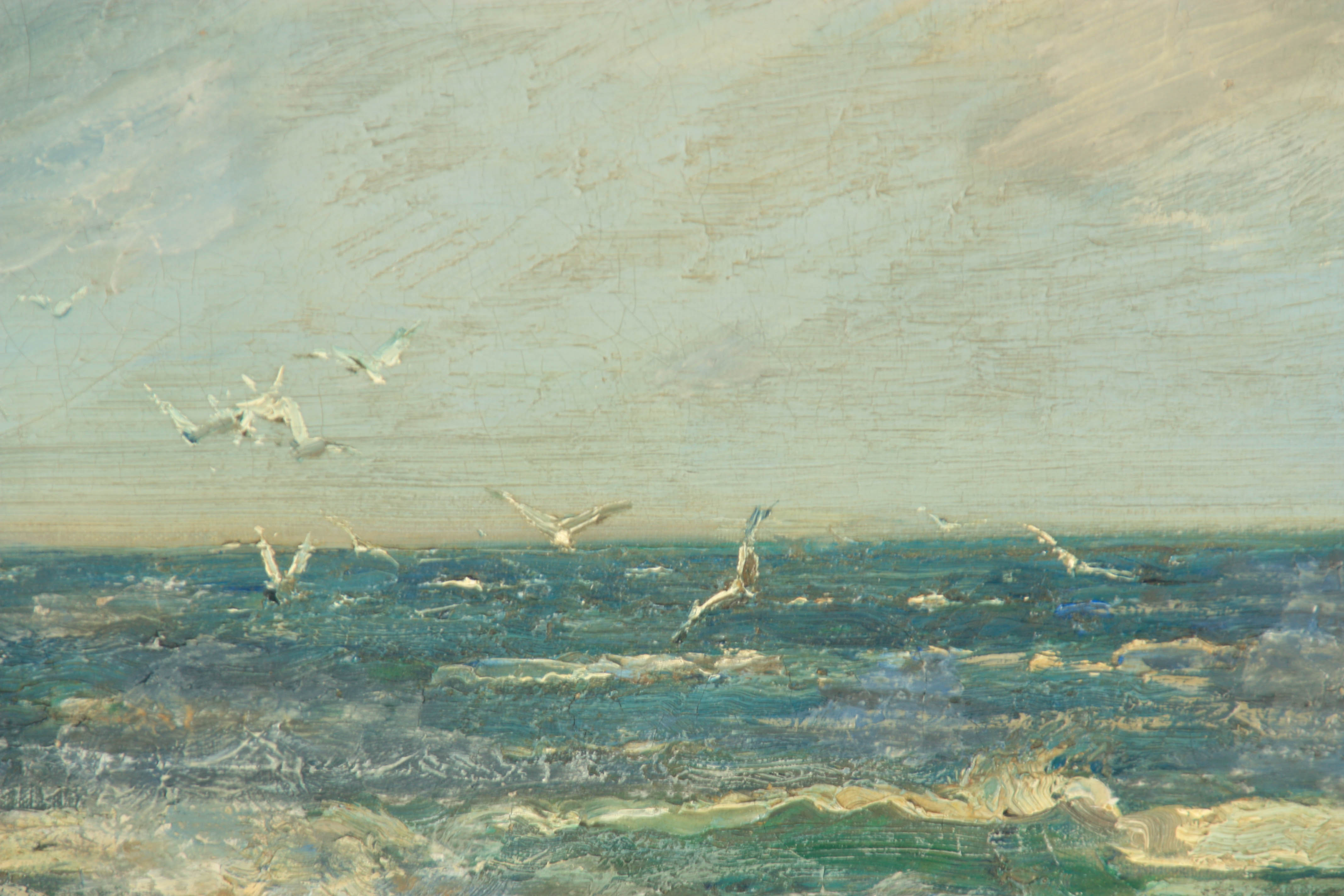 A 19TH CENTURY IMPRESSIONIST OIL ON CANVAS POSSIBLY ST. IVES SCHOOL coastal seascape in heavy - Image 4 of 6