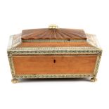 A 19TH CENTURY INDIAN VIZAGAPATAN SANDALWOOD AND IVORY BANDED FITTED WORK BOX with fanned cushion