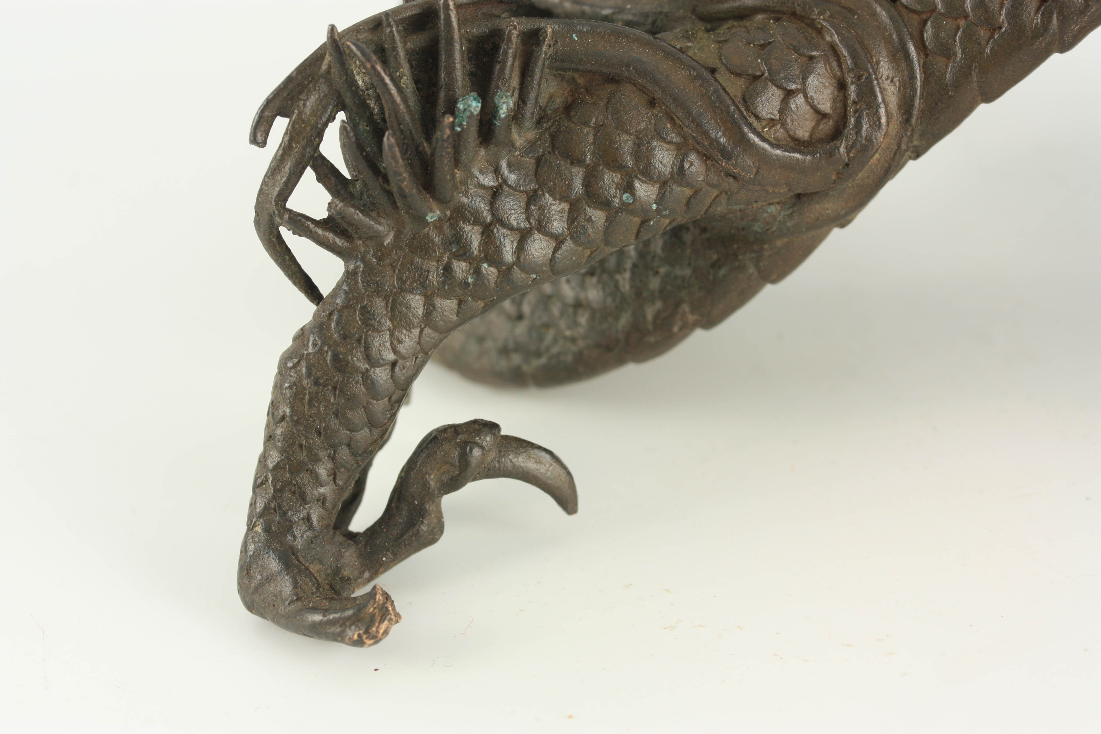 A MEIJI PERIOD JAPANESE BRONZE INCENSE BURNER modelled as a slender dragon holding a vessel 26cm - Image 3 of 7