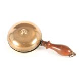 AN UNUSUAL 19TH CENTURY DOUBLE SIDED TWO-TONE FIRE ALARM/MUFFIN BELL with turned wood handle and