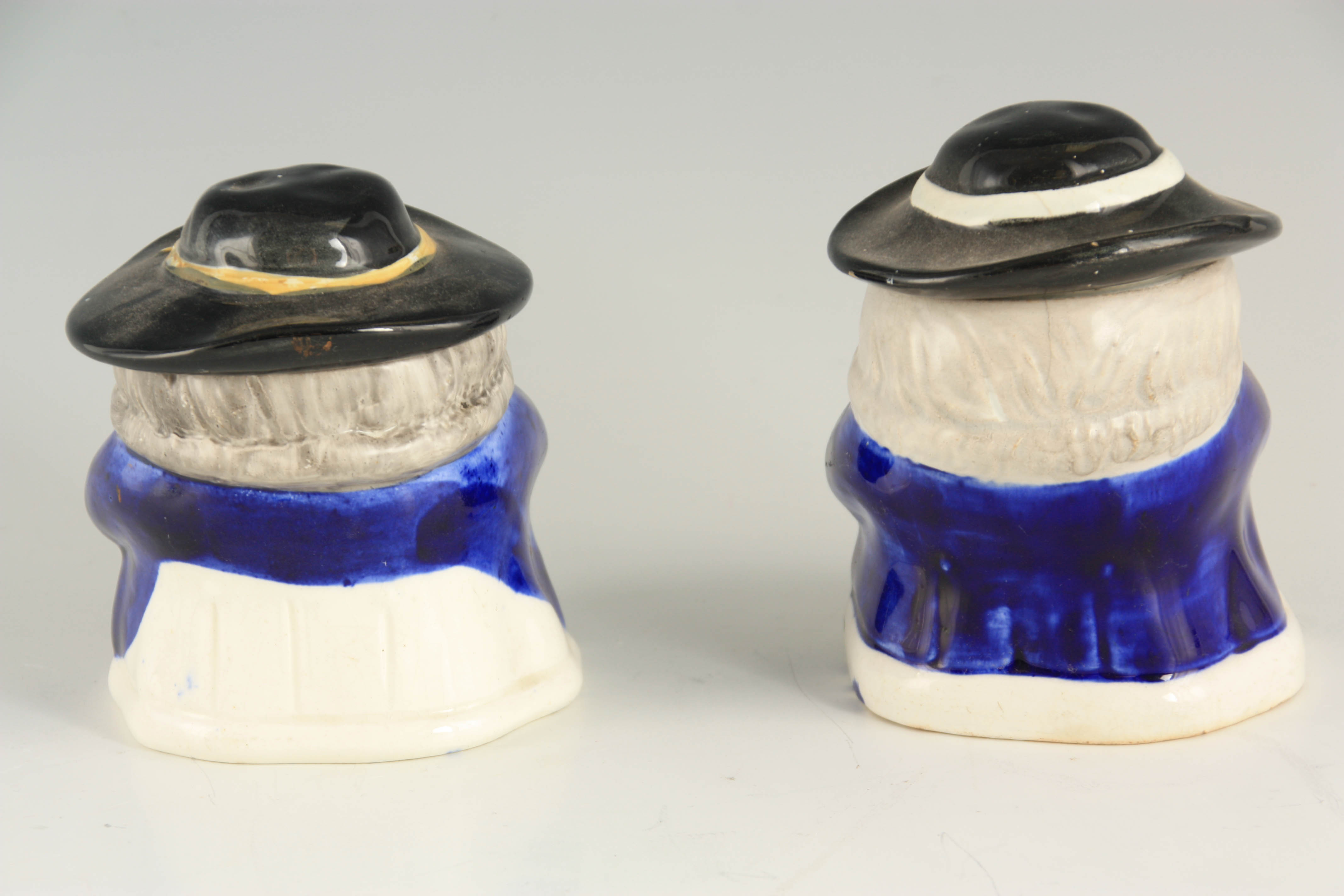 A PAIR OF COLOURFUL SEATED TOBY FIGURE LIDDED JARS 12.5cm high - Image 4 of 4