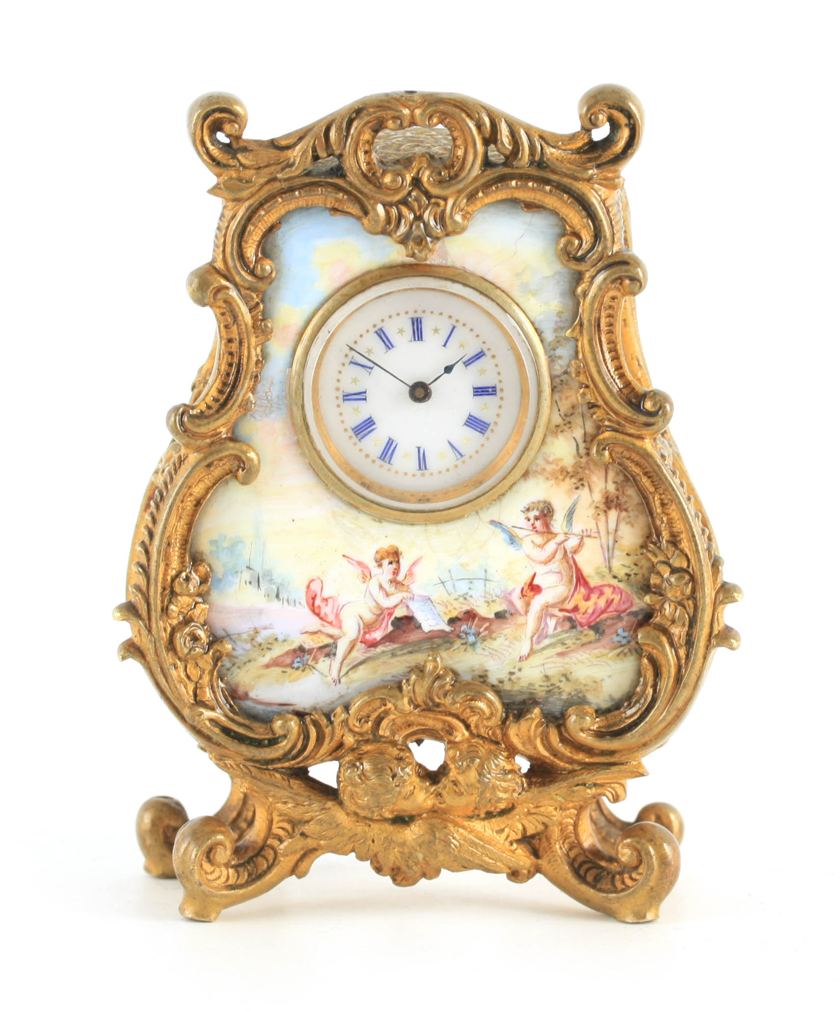 A LATE 19TH CENTURY VIENNESE ENAMEL AND GILT MOUNTED BOUDOIR CLOCK the bombe shaped case with rococo