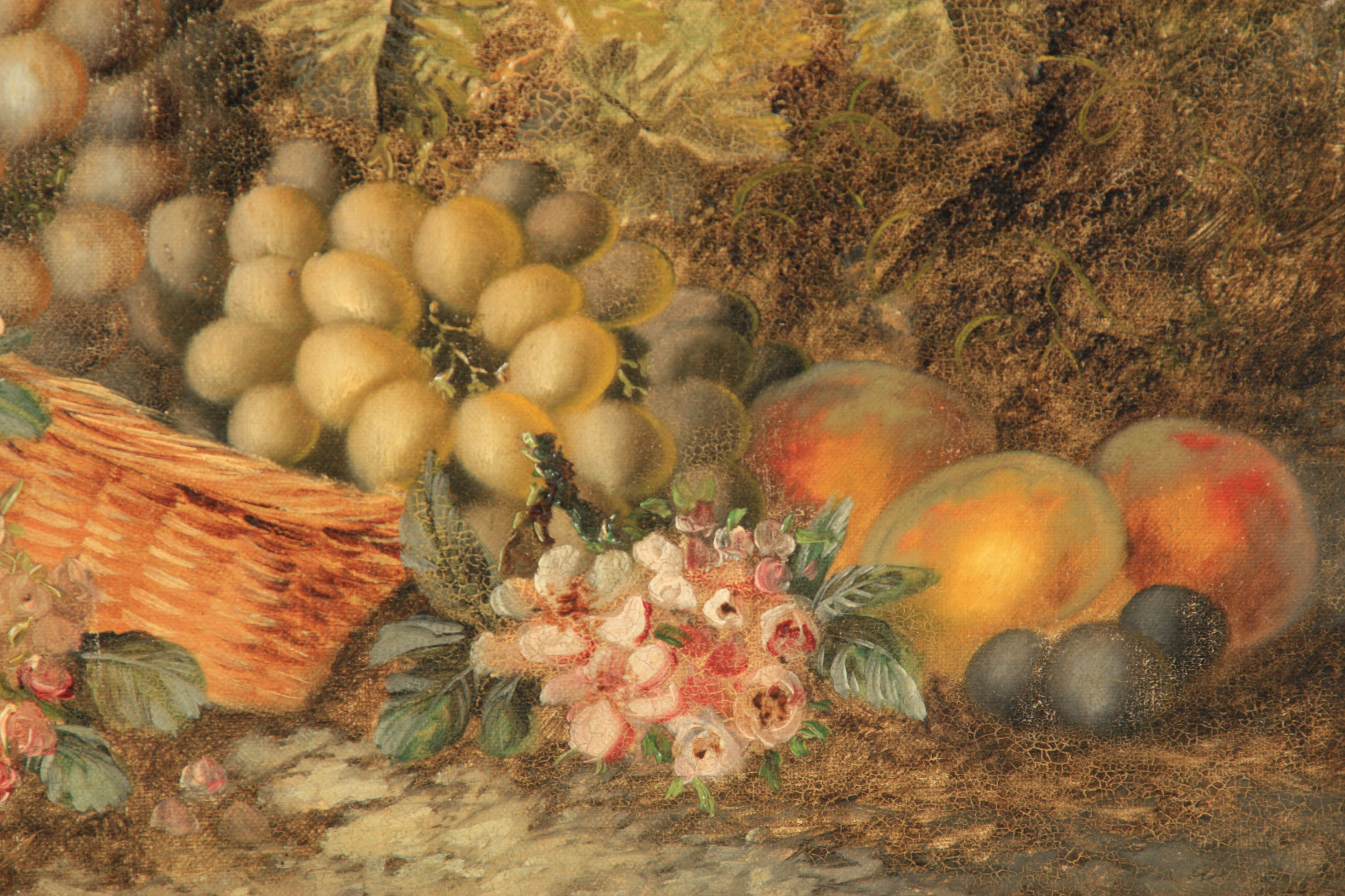 VINCENT CLARE A 19TH CENTURY OIL ON CANVAS depicting a basket of ripe fruits and flowers on a - Image 3 of 6