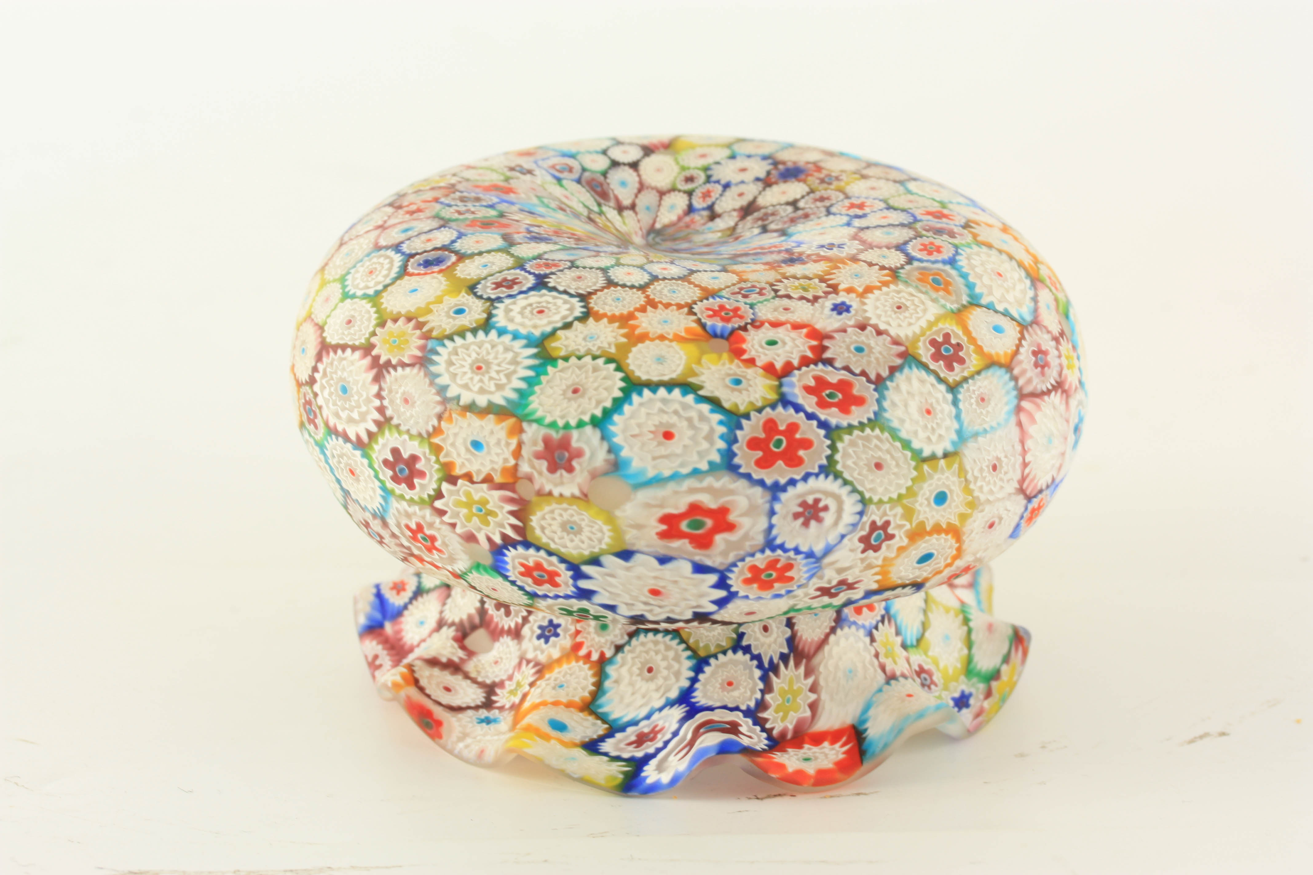 AN ITALIAN MILLEFIORI GLASS VASE of squat bulbous form with crimped rim 9cm high, 15cm diameter - Image 5 of 6