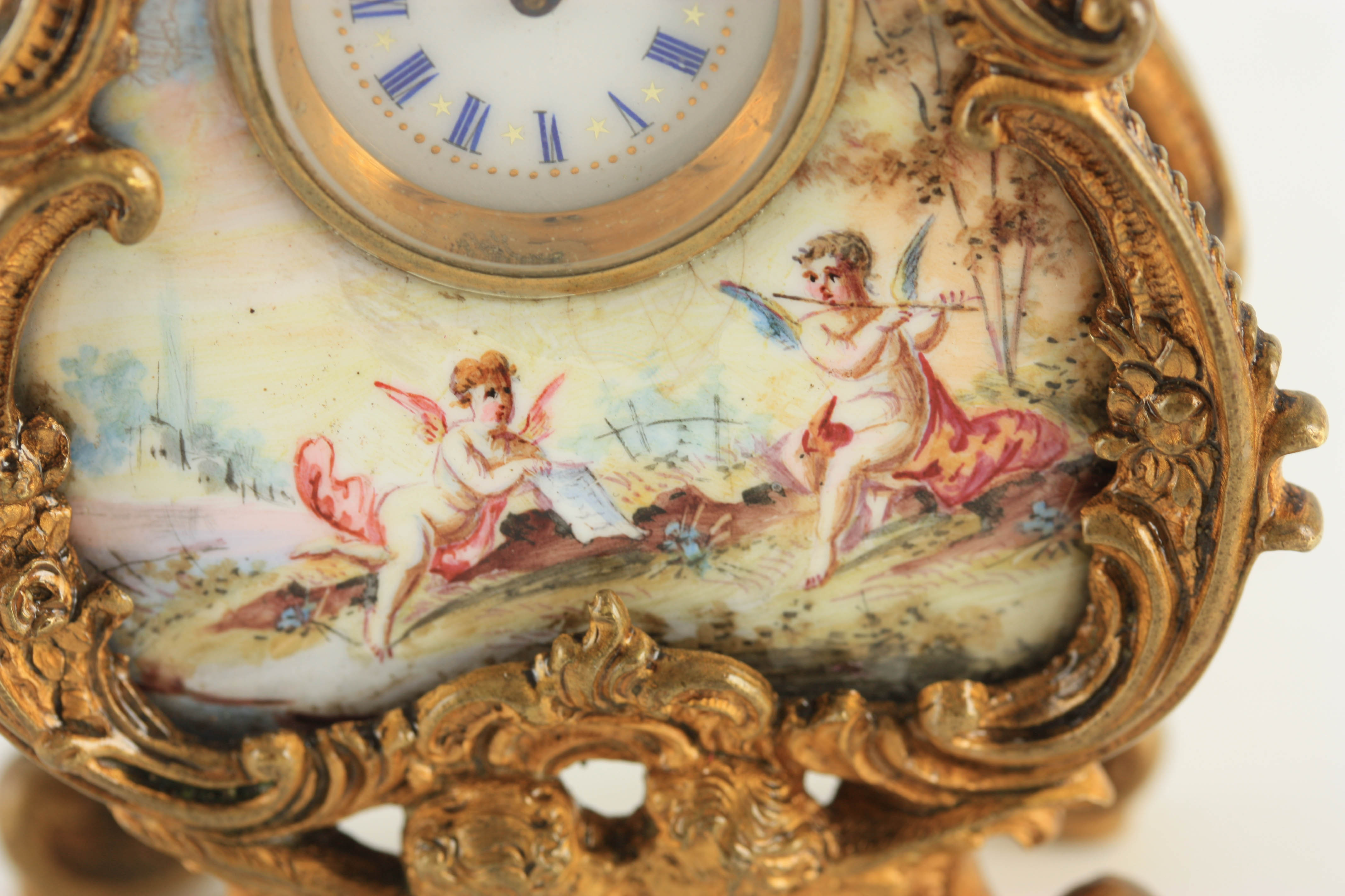 A LATE 19TH CENTURY VIENNESE ENAMEL AND GILT MOUNTED BOUDOIR CLOCK the bombe shaped case with rococo - Image 3 of 6