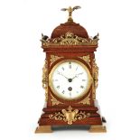 A SMALL EARLY 20TH CENTURY BRASS MOUNTED OAK CASED MANTEL CLOCK the caddy top brass galleried