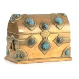 A19TH CENTURY GILT BRONZE AND ENGRAVED CUT BRASS MOUNTED GOTHIC STYLE CORRESPONDENCE BOX SET WITH