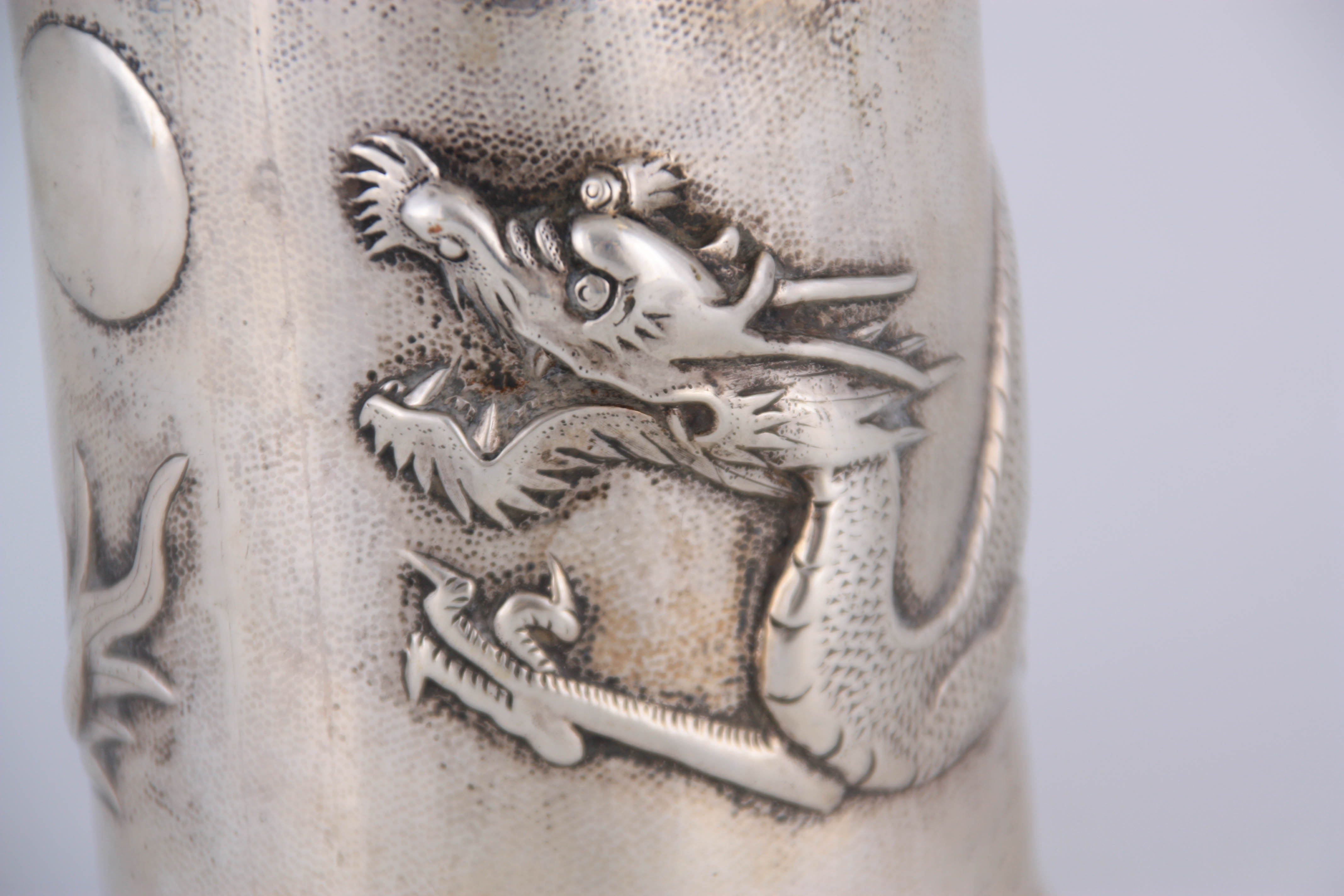 A LATE 19TH CENTURY CHINESE SILVER LIDDED PRESERVE JAR BY YOK SANG with hinged handle and embossed - Image 2 of 7