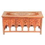 A 19TH/EARLY 20TH CENTURY ANGLO INDIAN BONE INLAID HARDWOOD OCCASIONAL TABLE with folding shaped
