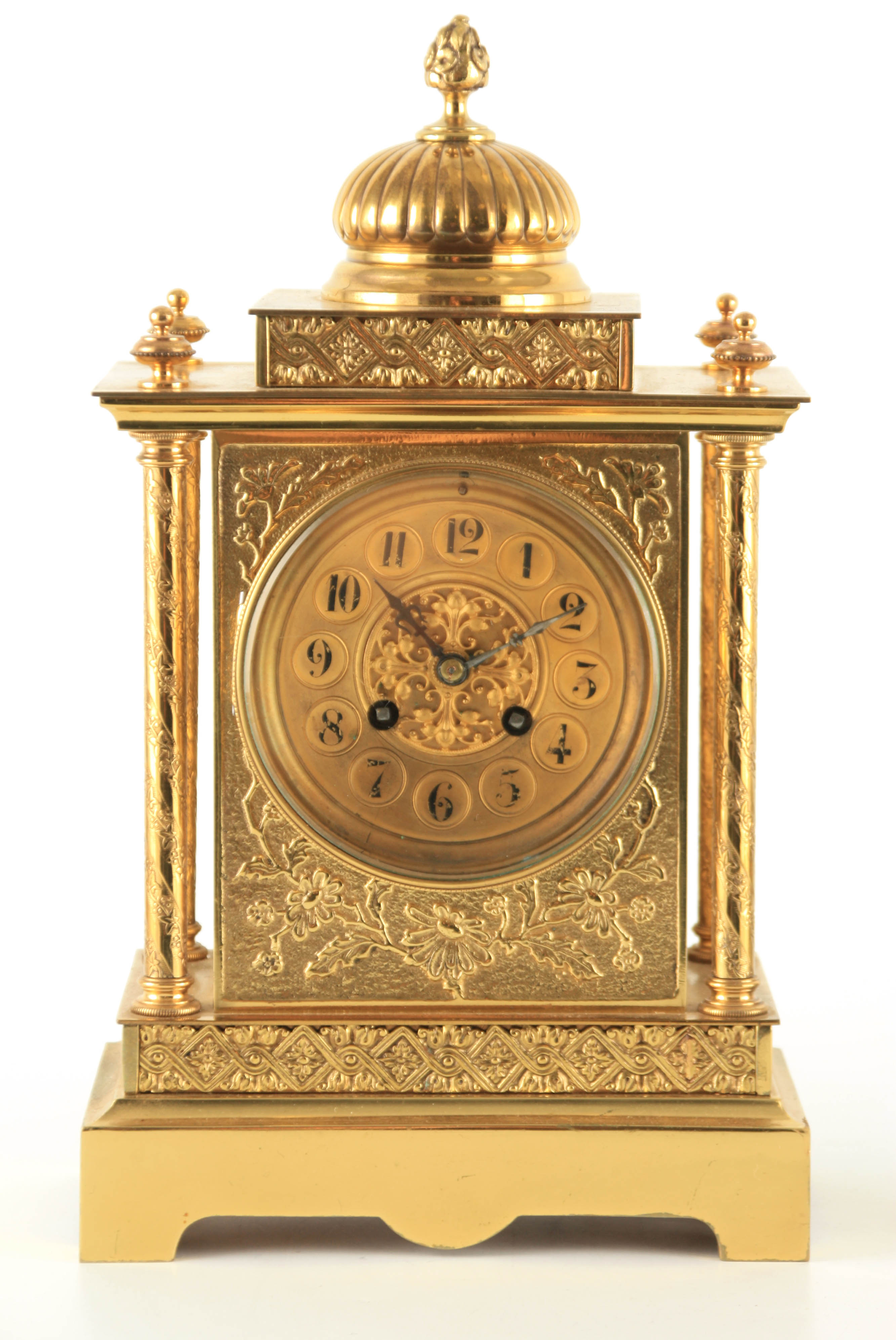 A LATE 19TH CENTURY FRENCH BRASS CASED MANTEL CLOCK having a domed top pediment above a floral - Image 3 of 12