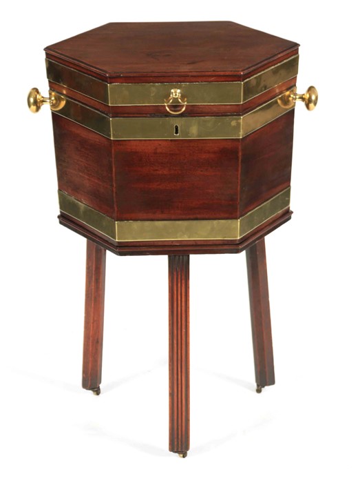 A GEORGE III MAHOGANY BRASS BOUND HEXAGONAL SHAPED CELLARETTE ON STAND with hinged top revealing a - Image 2 of 6