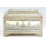 A LATE 18TH CENTURY ANGLO INDIAN IVORY VIZAGAPATAM TEA CADDY with fully engraved panels depicting