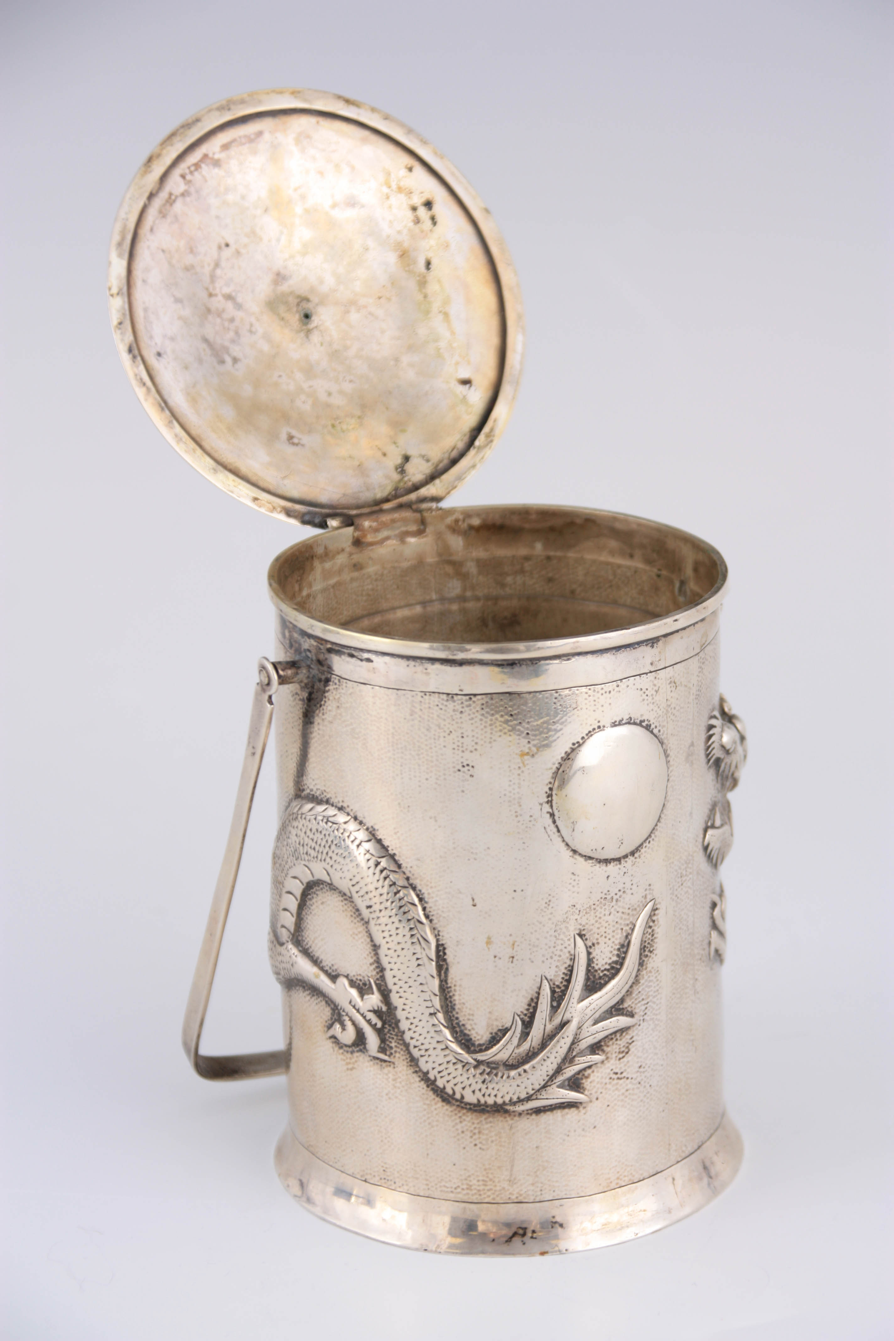 A LATE 19TH CENTURY CHINESE SILVER LIDDED PRESERVE JAR BY YOK SANG with hinged handle and embossed - Image 3 of 7