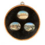 A FRAMED SET OF THREE 19TH CENTURY GRAND TOUR OVAL MINATURE PANELS depicting Eastern European temple