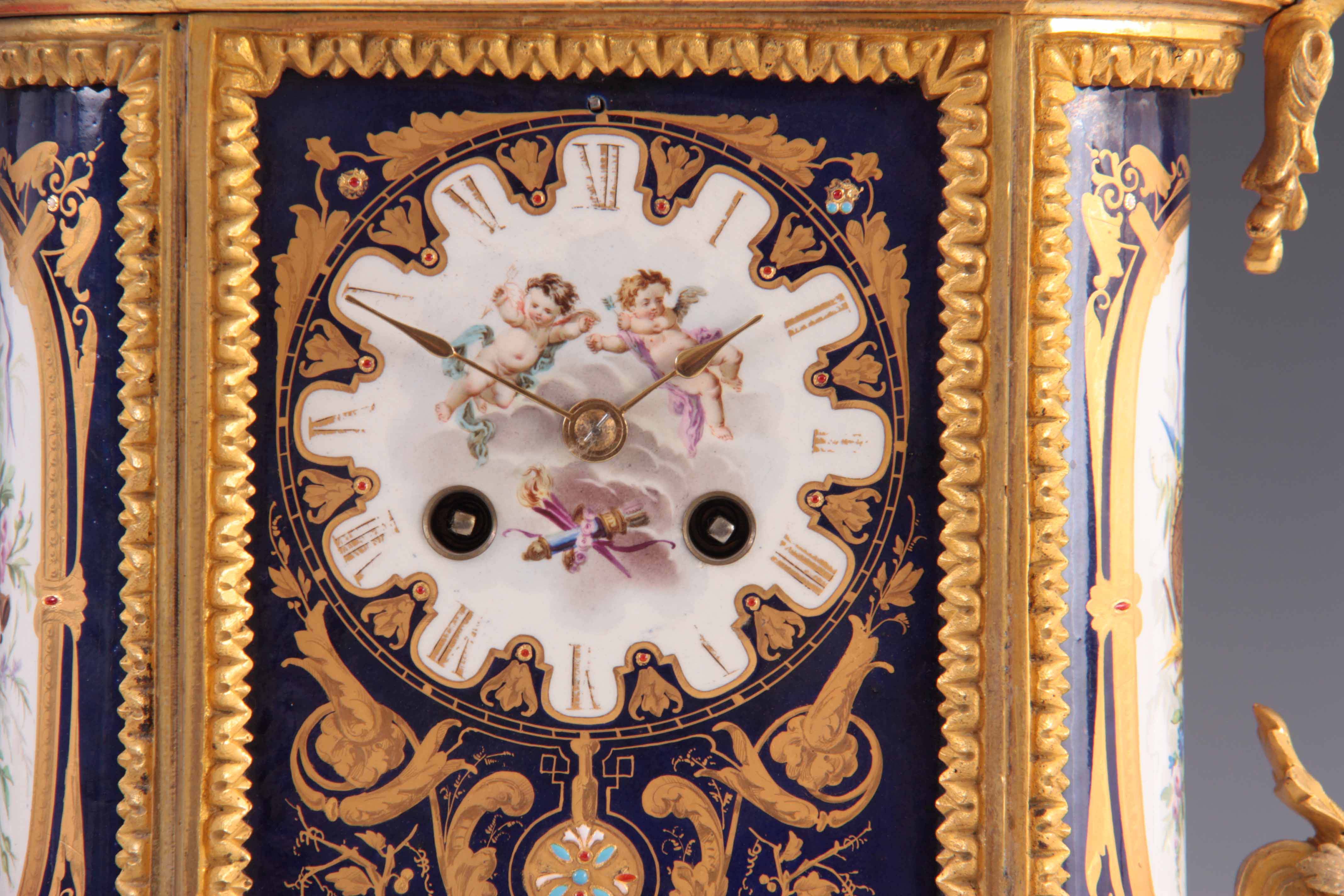 A LATE 19TH CENTURY FRENCH ORMOLU AND PORCELAIN PANEL MANTEL CLOCK the gilt brass case with chased - Image 3 of 8