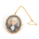 A LATE GEORGIAN OVAL MINIATURE ON IVORY PORTRAIT OF A GENTLEMAN mounted in a gold frame with blue