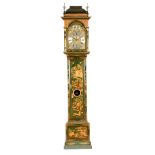 WINDMILLS, LONDON A FINE EARLY 18TH CENTURY GREEN LACQUER CHINOISERIE LONGCASE CLOCK the caddy-top