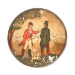 A LATE 19TH CENTURY PAINTED WOOD WALL PLAQUE depicting two gentleman sportsmen with dog and sea view