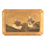 A MEIJI PERIOD JAPANESE SHIBAYAMA AND LACQUER WORK TRAY depicting figures and a sea creature