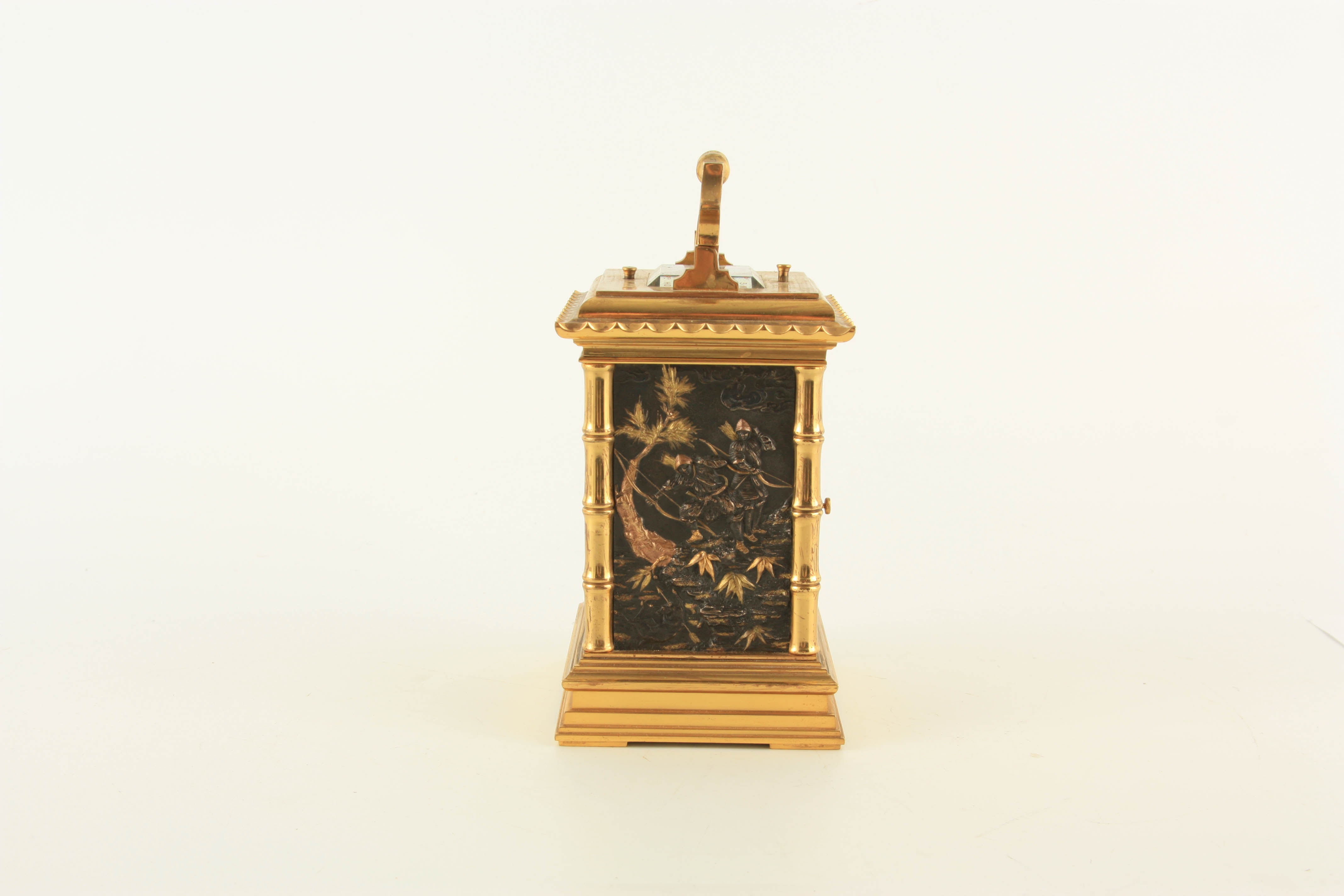 A RARE LATE 19TH CENTURY FRENCH 5 MINUTE REPEATING JAPANESE STYLE CARRIAGE CLOCK the brass case with - Image 3 of 10