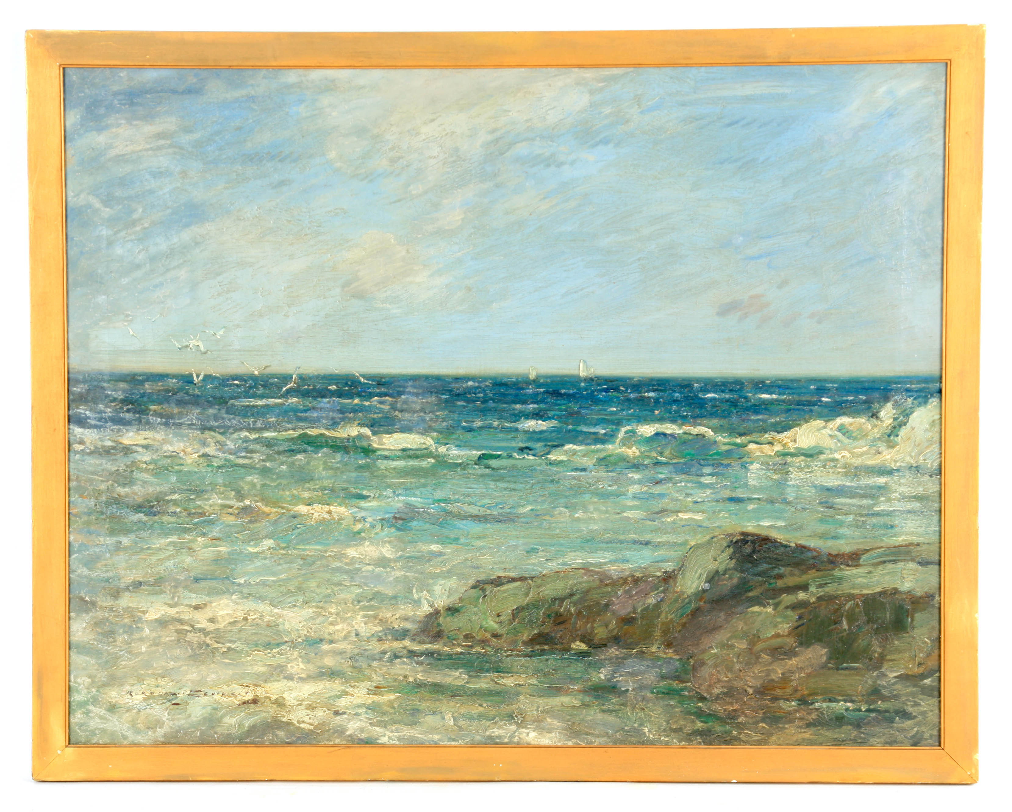 A 19TH CENTURY IMPRESSIONIST OIL ON CANVAS POSSIBLY ST. IVES SCHOOL coastal seascape in heavy