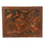 AN 18TH CENTURY PERSIAN LACQUER WORK PANEL depicting animals in a tree-lined setting enclosed by