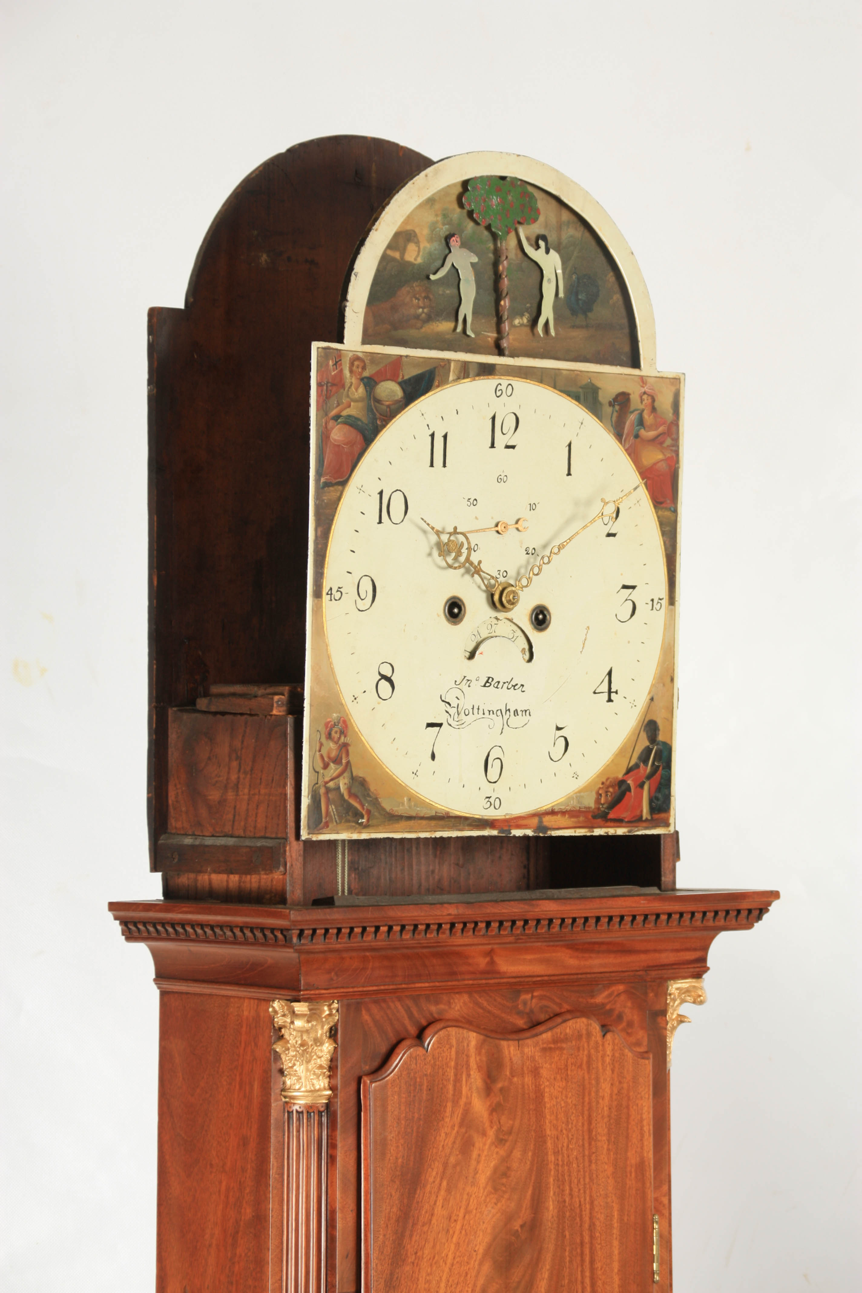 JOHN BARBER, NOTTINGHAM A LATE GEORGE III FIGURED MAHOGANY ADAM AND EVE AUTOMATION LONGCASE CLOCK - Image 7 of 11