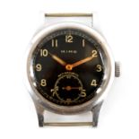 A WWII GERMAN MILITARY ISSUE WRIST WATCH the steel case with screwback enclosing a black dial with