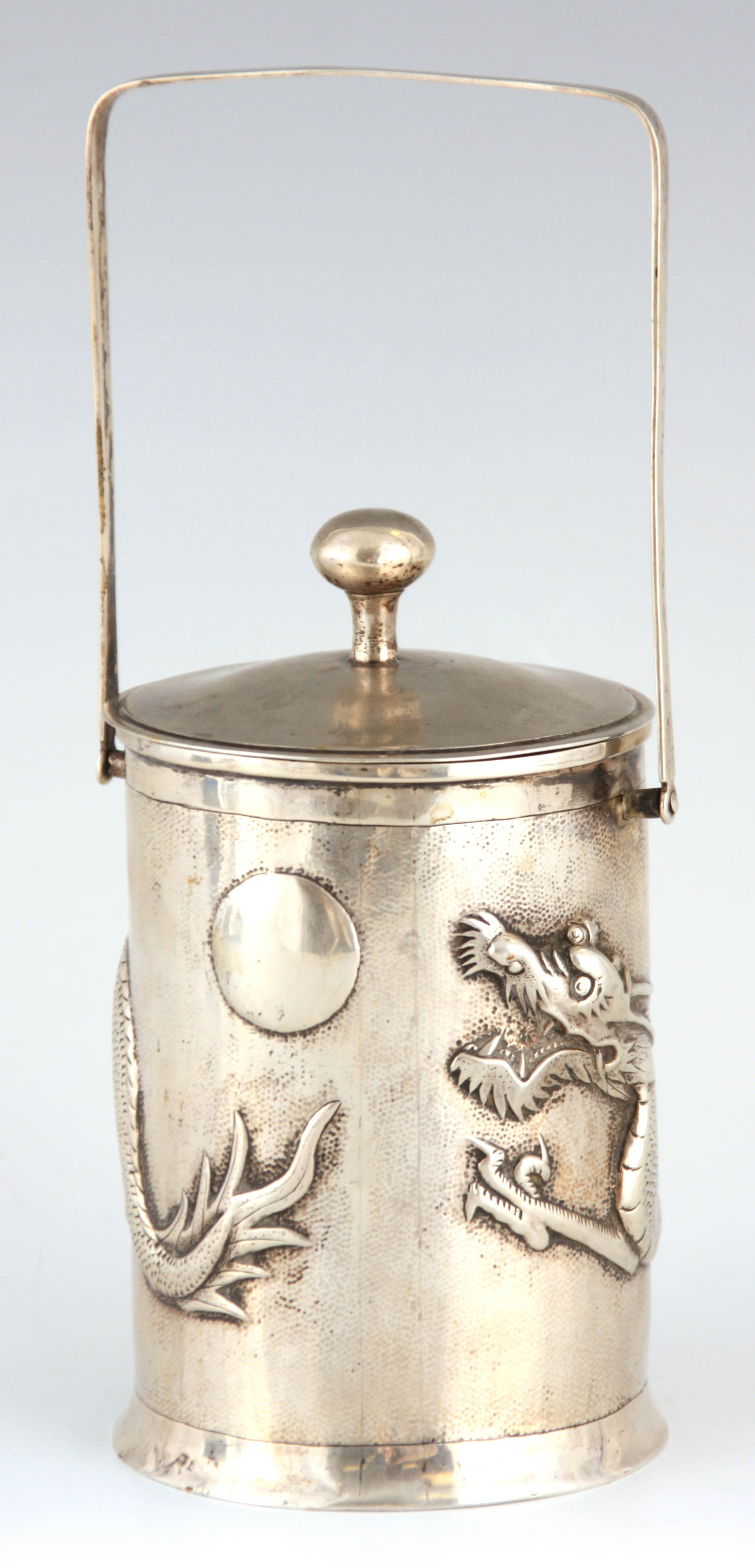 A LATE 19TH CENTURY CHINESE SILVER LIDDED PRESERVE JAR BY YOK SANG with hinged handle and embossed