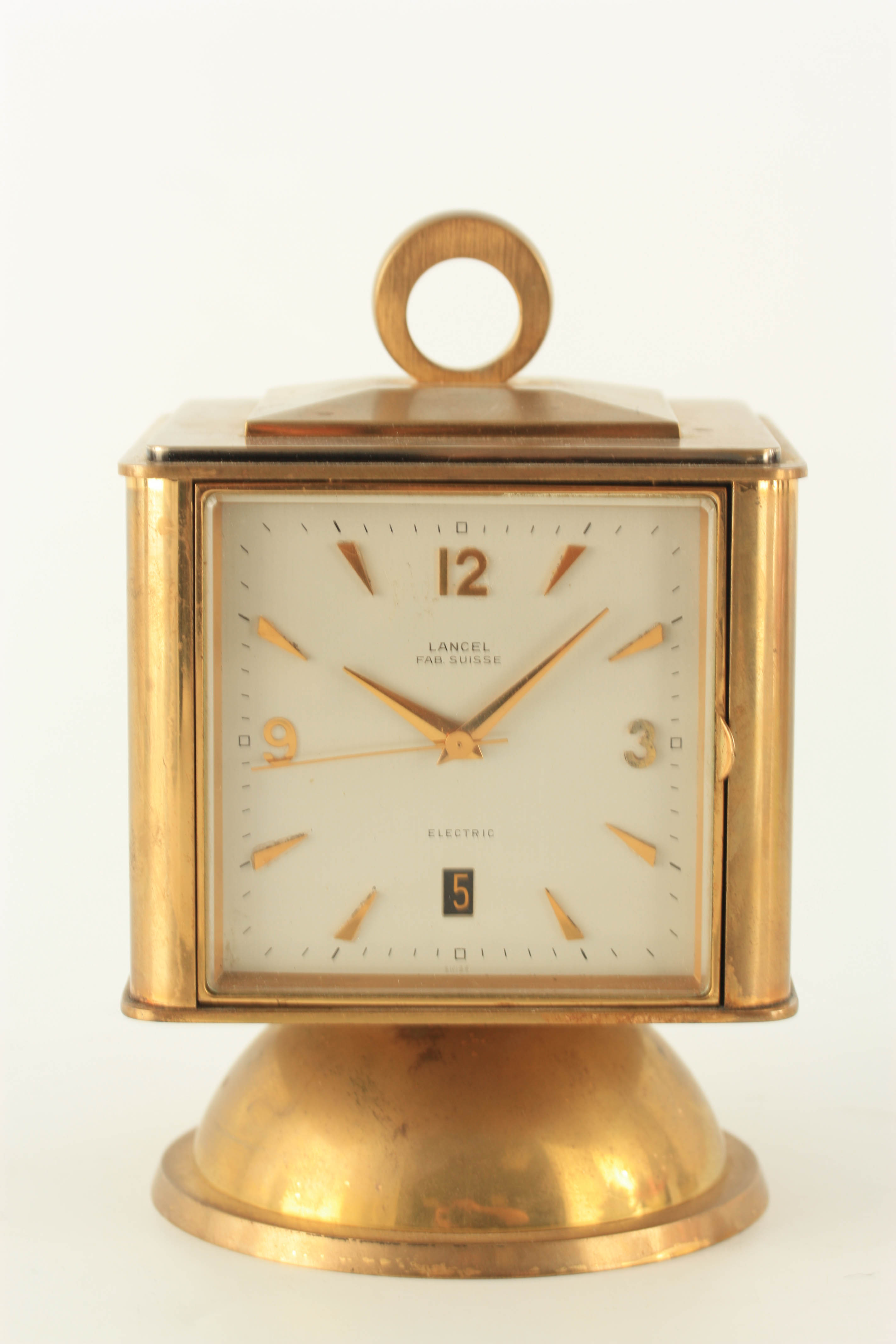 A LANCEL, 1950's SWISS GILT BRASS PORTABLE DESK CLOCK/WEATHER STATION the revolving cube body with - Image 2 of 6