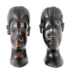 TWO CARVED EBONY AFRICAN BUSTS 13cm high