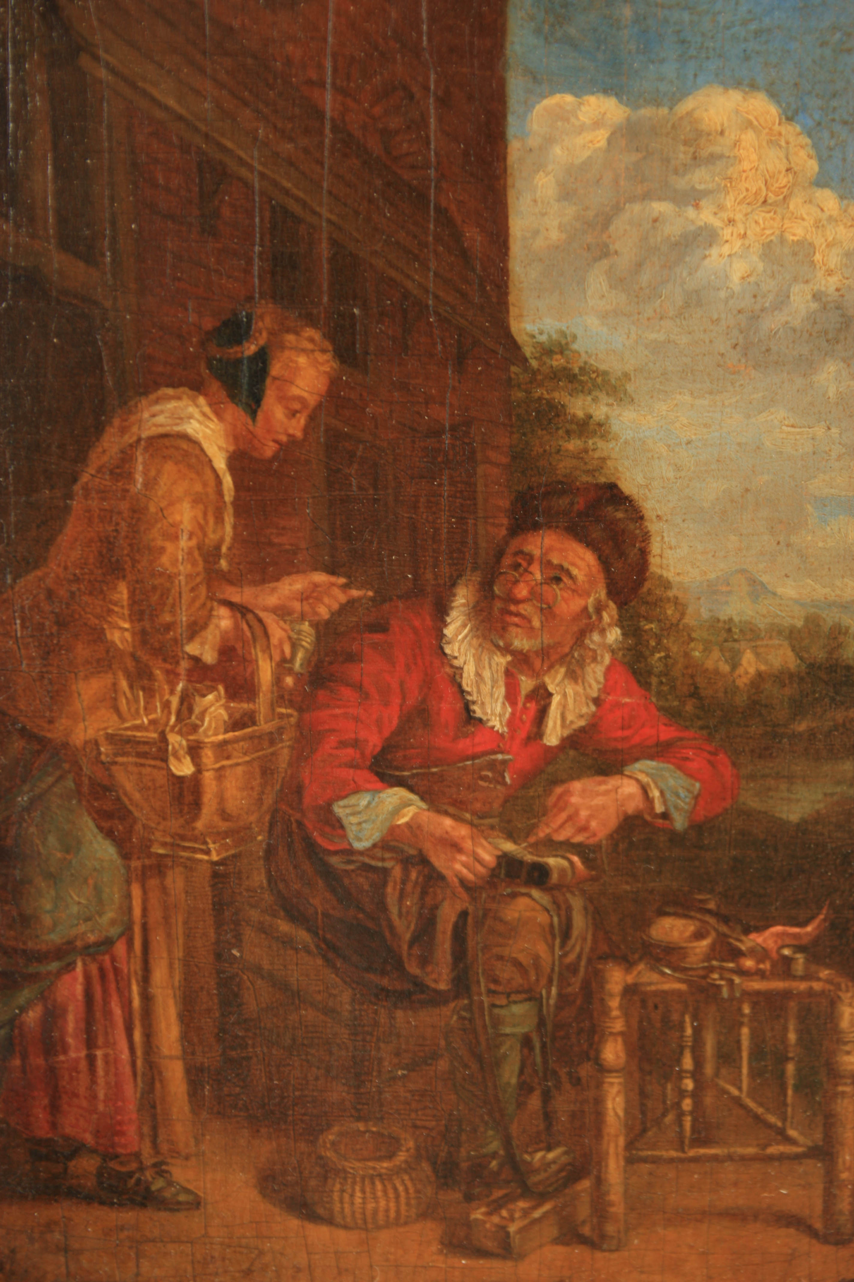 A 19TH CENTURY CONTINENTAL OIL ON BOARD depicting a shoe maker and lady outside a building 21cm high - Image 5 of 7