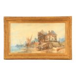 PAUL MARNY A 19TH CENTURY WATERCOLOUR depicting a French port scene with sailboats and fisherman