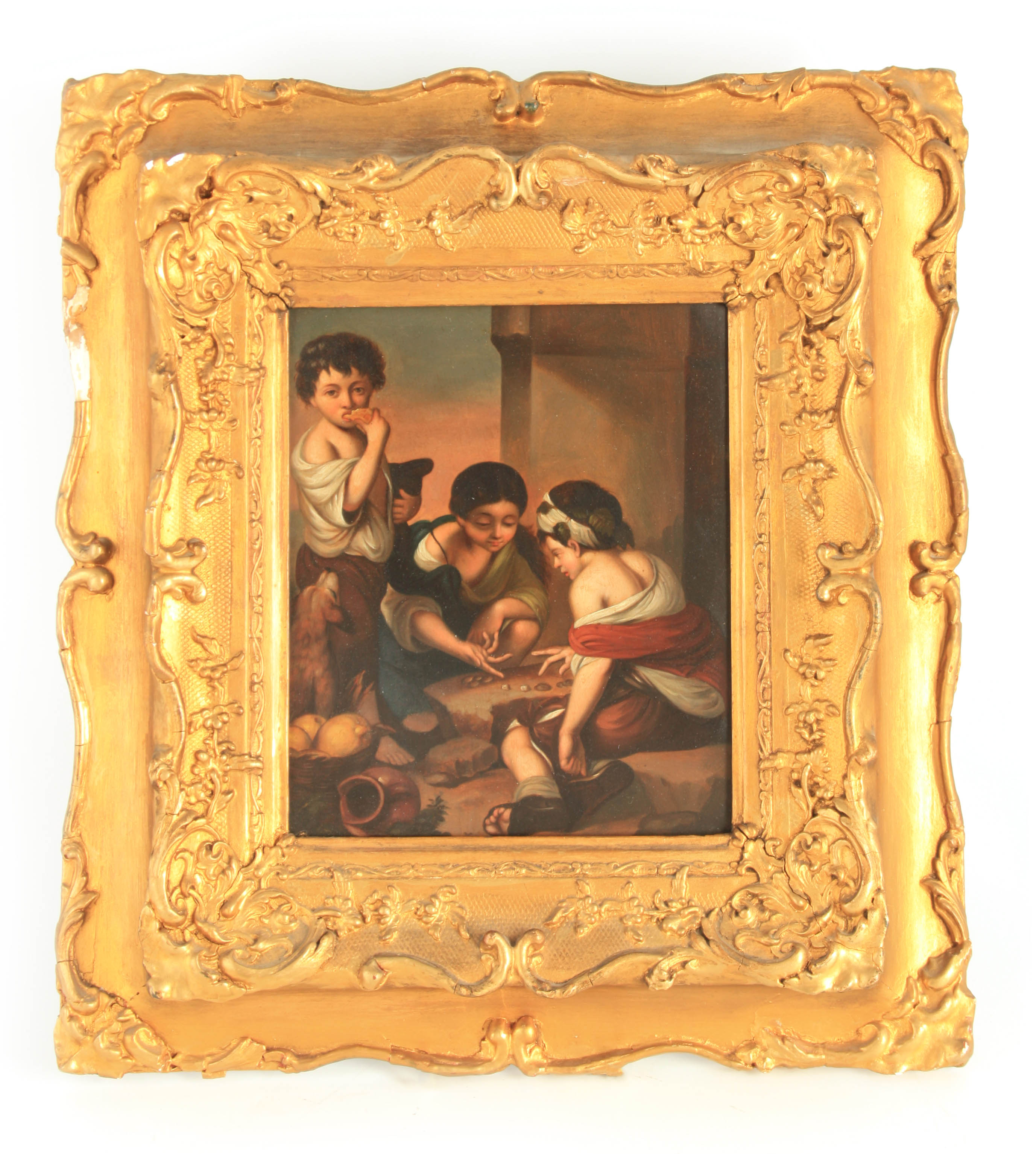 A 19TH CENTURY OIL ON TIN ‘The Pie Eaters' 23cm high 19cm wide in gilt swept frame