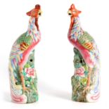 A PAIR OF CHINESE FAMILLE ROSE COLOURFUL ORNAMENTAL BIRDS PERCHED ON FLOWERING BRANCHWORK 30.5cm